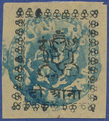 A beautiful copy of 2 anna black on yellow wove paper and with blue ...