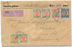 Insured cover to Denmark franked with two pairs of 1 eyr, 30 aur and ...