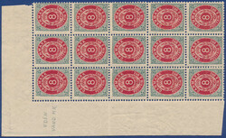 UNUSUAL block of 15 of 8 øre 119th printing, pos. B1-3/41-43. Top ...