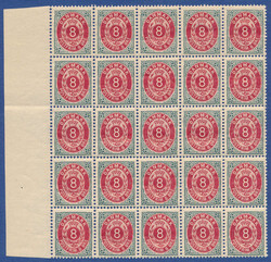 Block of 25 of 8 øre 119th printing with misplaced watermark. The ...