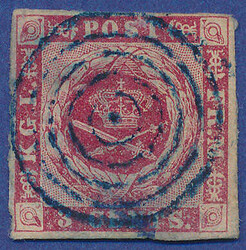 A perfectly placed blue mute canc. on a copy of 3 cents with full ...