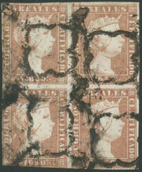 5 Reales fahlrot im Viererblock mit Spinnennetz-Stempel (arana), ...