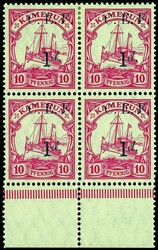 1 d. auf 10 Pfennig Kaiseryacht, Viererblock vom Unterrand, zwei ...