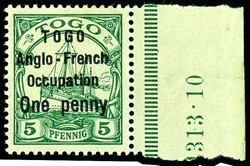 5 Pfennig Kaiseryacht mit Aufdruck "TOGO Anglo-French Occupation One ...
