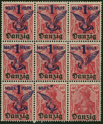 1 Mark / 40 Pfg lebhaftlilarot Neunerblock Flugpost-Ausgabe September ...