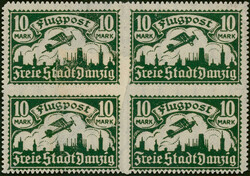 10 Mark schwärzlichgelbgrün Flugpost-Ausgabe Mai 1921 Viererblock ...