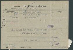 1947,Telegramm aus HAMBURG 18.III.47 mit seltener Zensur B 150 mit Nr ...