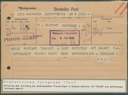 Telegramm vom Sonderpostamt Hannover Exportmesse an das Postamt ...