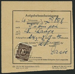 10 Pfg Ziffer, EF auf Aufgabebescheinigung BERLIN 24.3.48 für 4 ...