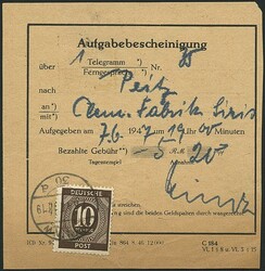10 Pfg Ziffer, EF auf Aufgabebescheinigung BERLIN W30 7.6.47 für 1 ...