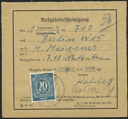 20 Pfg Ziffer, EF auf Aufgabebescheinigung HAMBURG ALTONA 17.10.47 ...