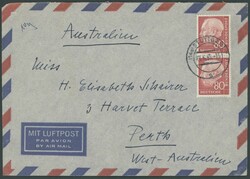 80 Pfg Heuss, senkrechtes Paar als MeF auf Luftpostbrief STUTTGART 27 ...