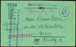 ÖSTERREICH 1915, Przemysl Ballonpost, blaue Ballonkarte ...