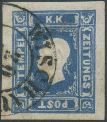 1,05 Kr blau Franz-Joseph I. Prägedruck Type I Zeitungsmarke 1858ZKr ...