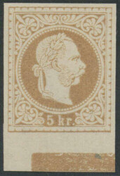 5 Kr Franz Joseph gelbbraun, ungezähnter Probedruck vom Unterrandauf ...