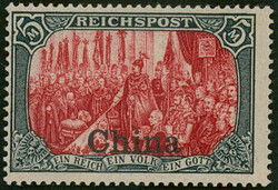 5 Mark grünschwarz/bräunlichkarmin Type I Nachmalung mit rot und ...