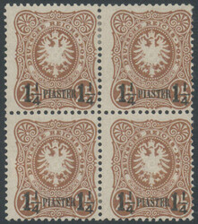 1 1/2 Piaster auf 25 Pfg orangebraun Ausgabe 1887 Viererblock in ...