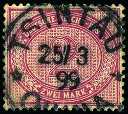 2 Mark dunkelrotkarmin, entwertet mit Einkreisstempel "TSINGTAU * * ...