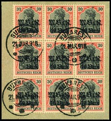 40 Bani auf 30 Pfg Germania mit rußigem Aufdruck im Neunerblock auf ...