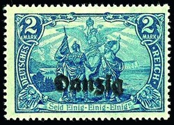 2 Mark dunkelblau mit Aufdruck "Danzig", Abart "doppelter Aufdruck, ...