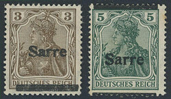 5 Pfennig Germania, schwärzlichbläulichgrün, mit Aufdruck "Sarre" ...