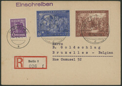 24 und 60 Pfg Leipziger Messe 1947 im StTdr. auf Auslands-R-Karte mit ...