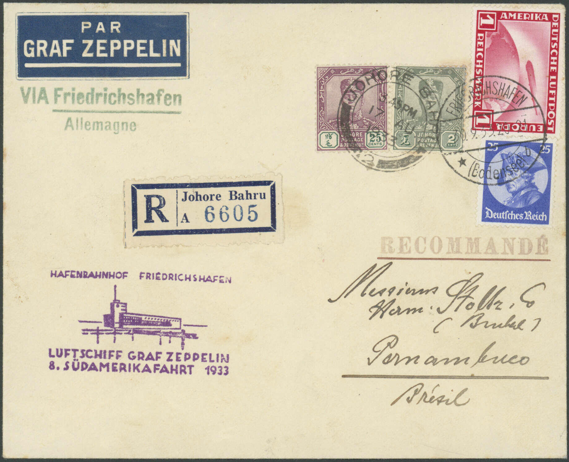 8 Südamerikafahrt 1933, R-Brief mit MIF Johore/Deutsches Reich ab ...