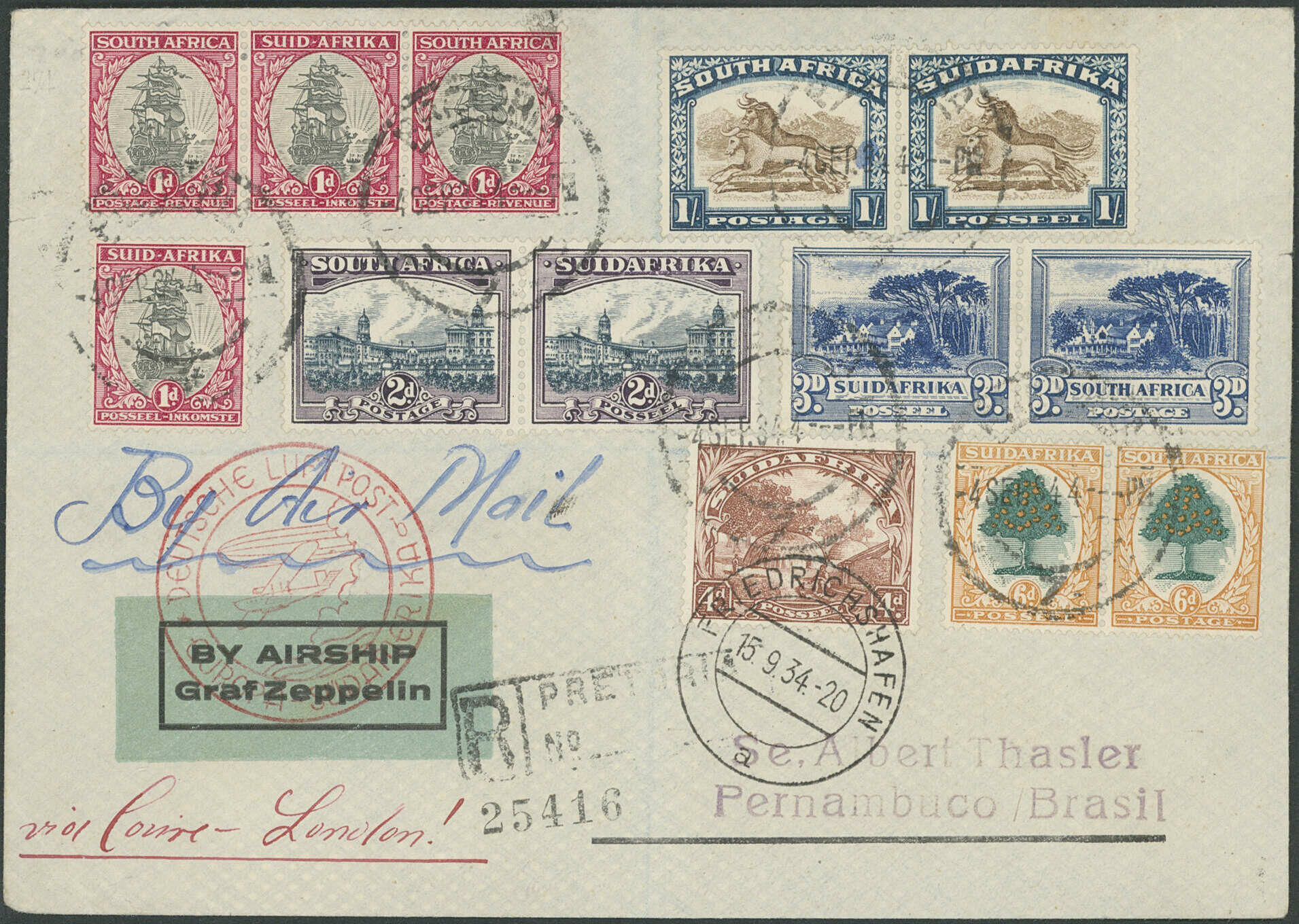 8. Südamerikafahrt 1934, R-Brief ab Pretoria 4.9. via Marseille 13.9 ...