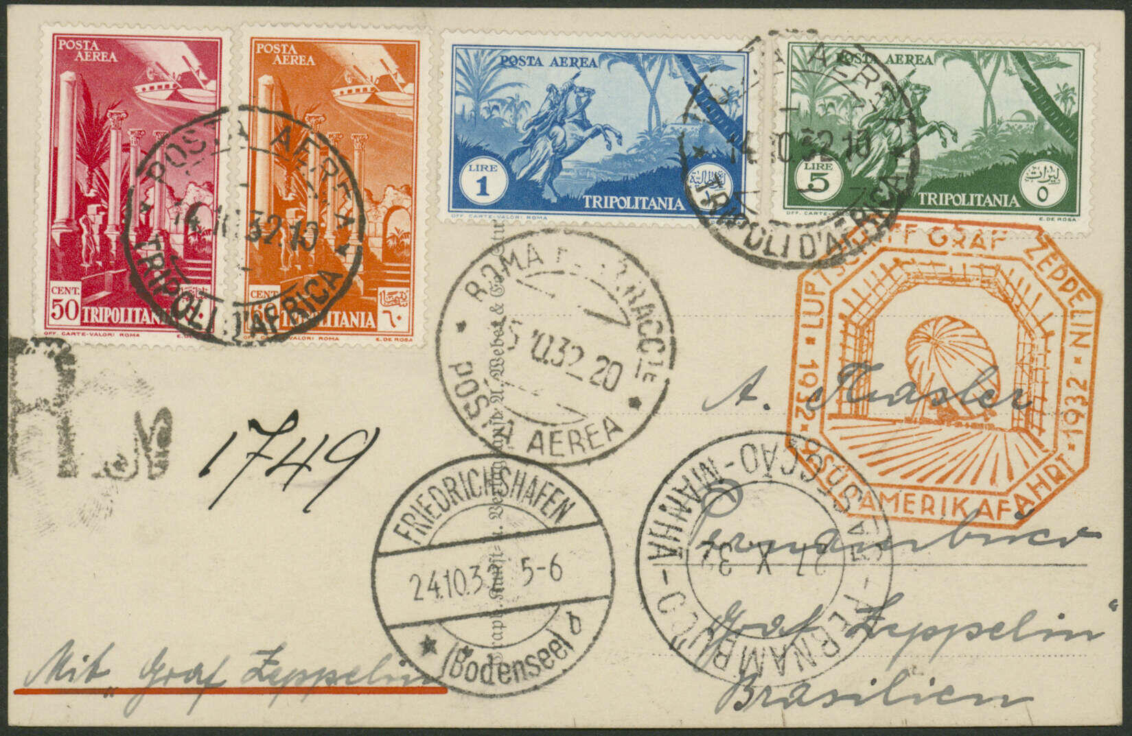 9.Südamerikafahrt 1932 R-Zeppelinfotokarte ab Tripoli an ...