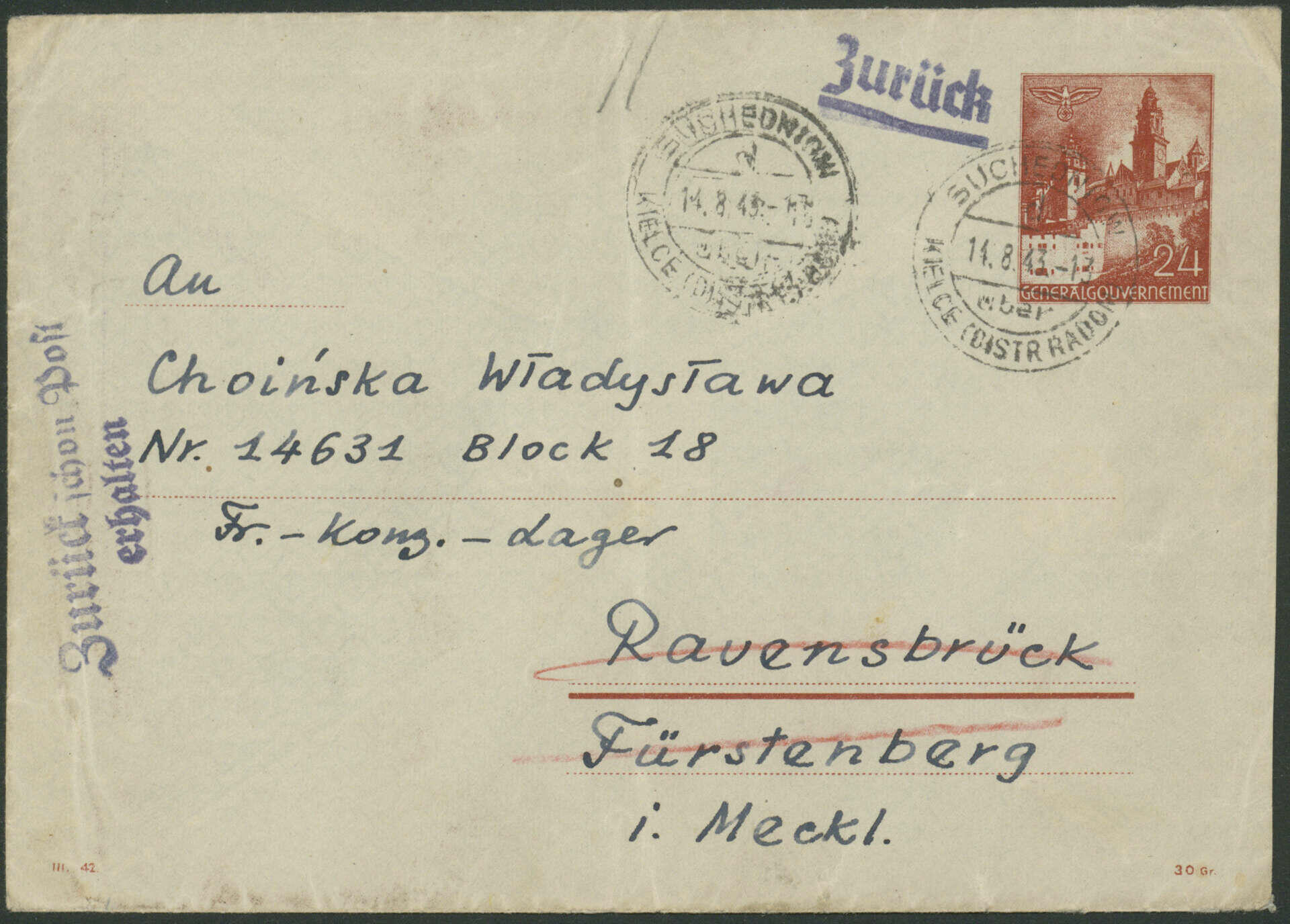 RAVENSBRÜCK 1943, Frauen-Lager, Post in das Lager, 24 Gr GSU ab ...