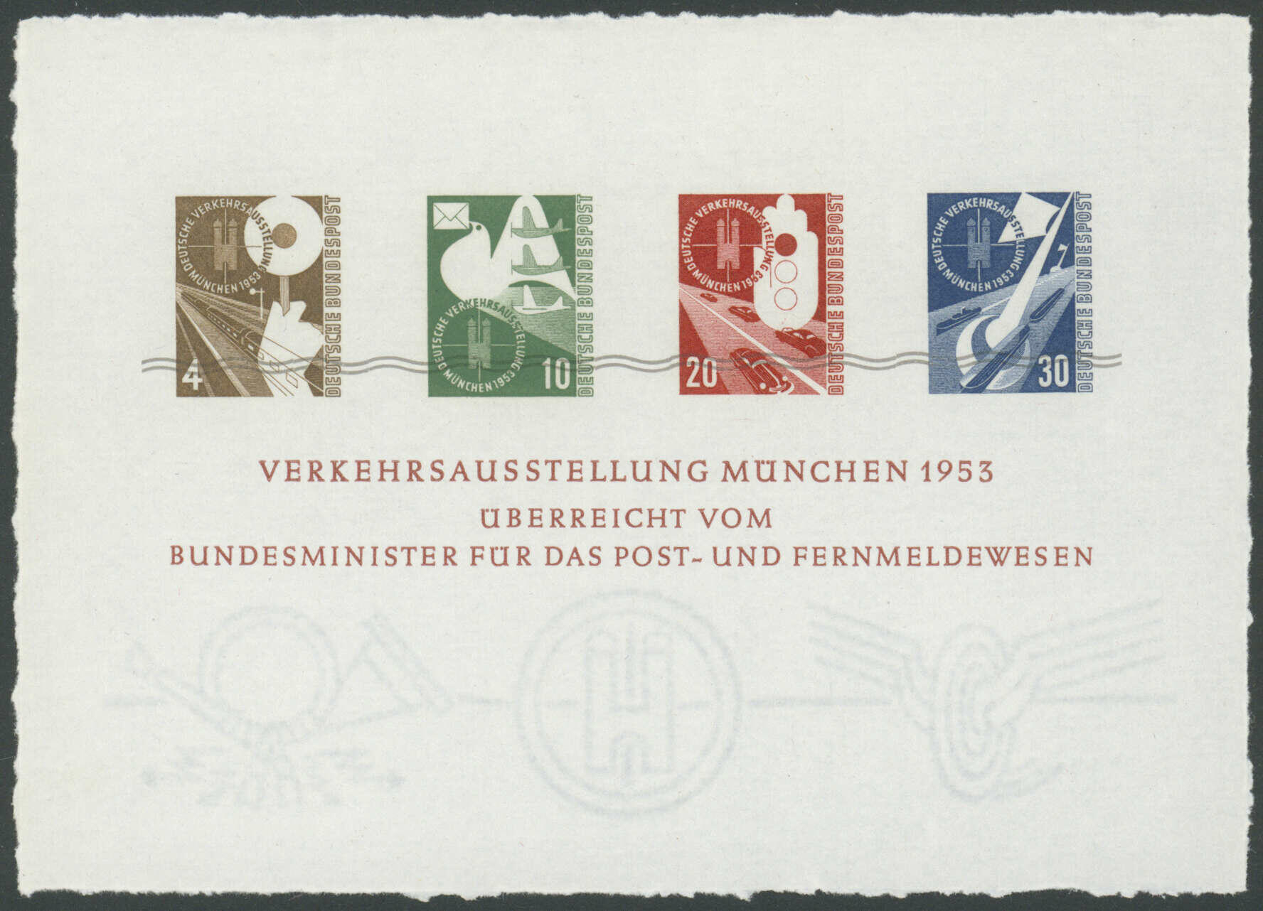 Verkehrsausstellungsblock auf handgeschöpftem, ungummiertem ...