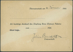 THERESIENSTADT 1944, vorgedruckte Empfangsbestätigung "... dankend ...