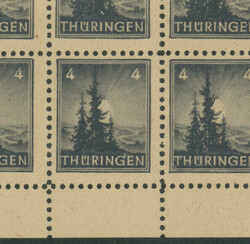 1945, 4 Pf Tannen, 5 Schalterbogen je mit Plattenfehler "THÜRINGFN ...