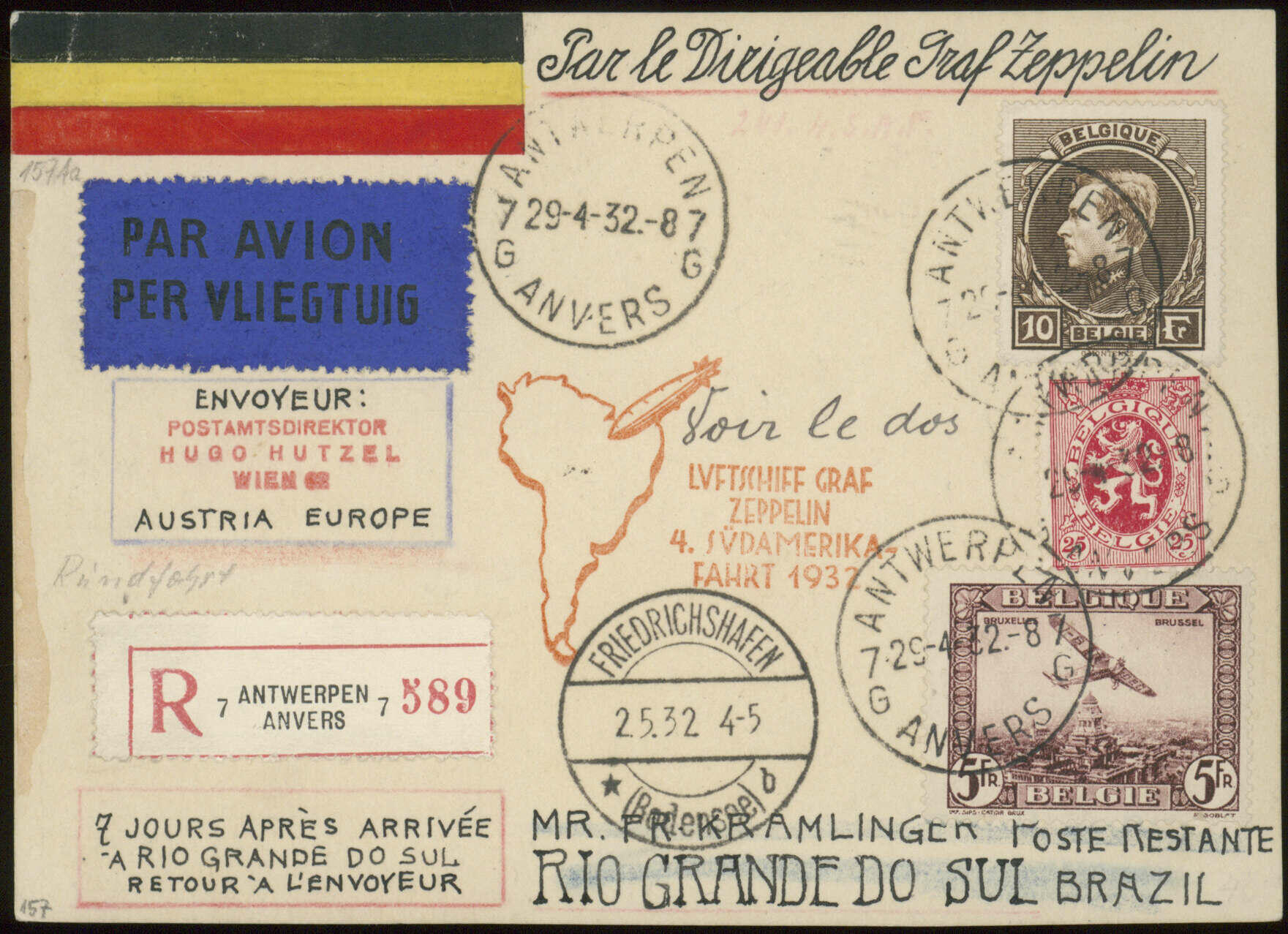 4. Südamerikafahrt 1932, Hinfahrt, R-Karte ab Antwerpen 29.4.32 via ...