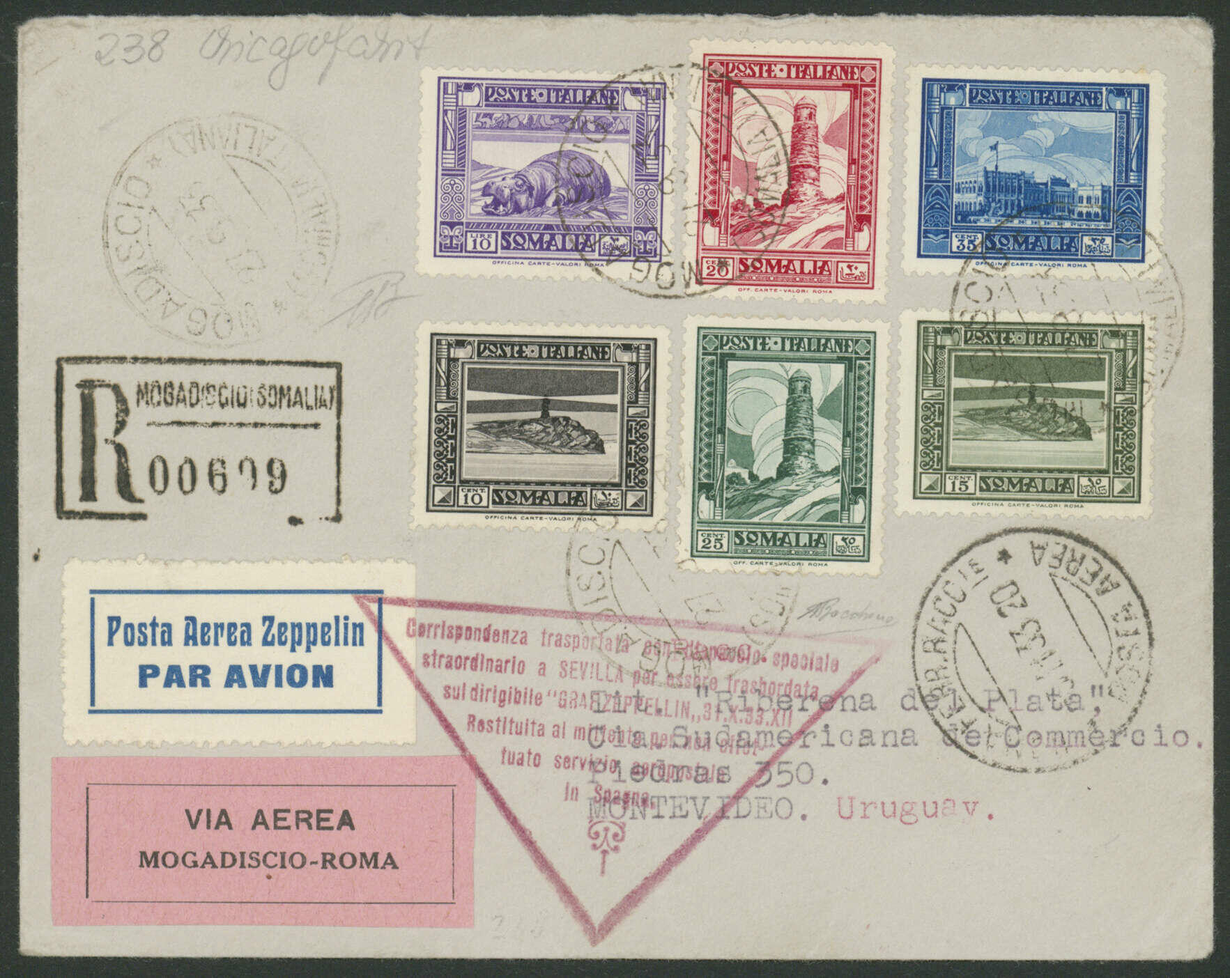Chicagofahrt 1933, Friedrichshafen - Recife, R-Brief ab Mogadiscio 27 ...