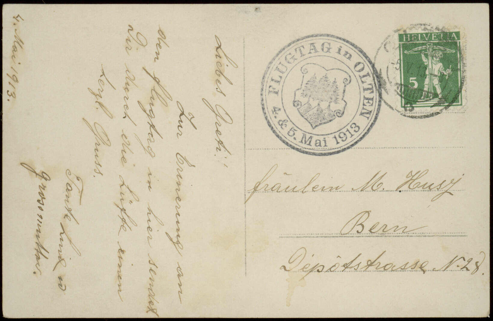 1913, Flugtag Olten 5.5., Offizielle Karte "Aeroplan" Rech mit ...