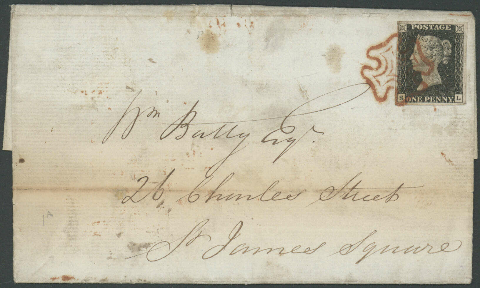 1 Penny, schwarz, SGNr. 2, Einzelfrankatur auf Brief innerhalb ...