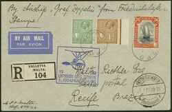 3. Südamerikafahrt 1933, R-Brief ab Valetta via Rom, Ventimiglia, ...