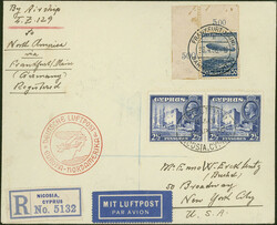 1. Nordamerikafahrt 1936, R-Brief mit Zweiländer-MiF Zypern / ...
