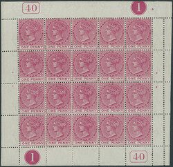 1 P light carmine, complete sheet of 20 with all margins and margin ...