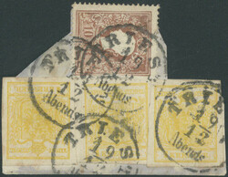 1 Kr chromgelb, Type III auf Maschinenpapier, drei Einzelwerte im ...