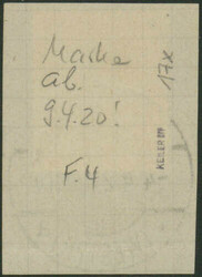 50 Pfg dunkelbräunlichlila/schwarz auf mittelchromgelben Papier ...