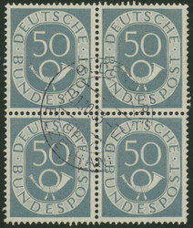 50 Pfg Posthorn im Viererblock, tadellos zentrisch und klar ...