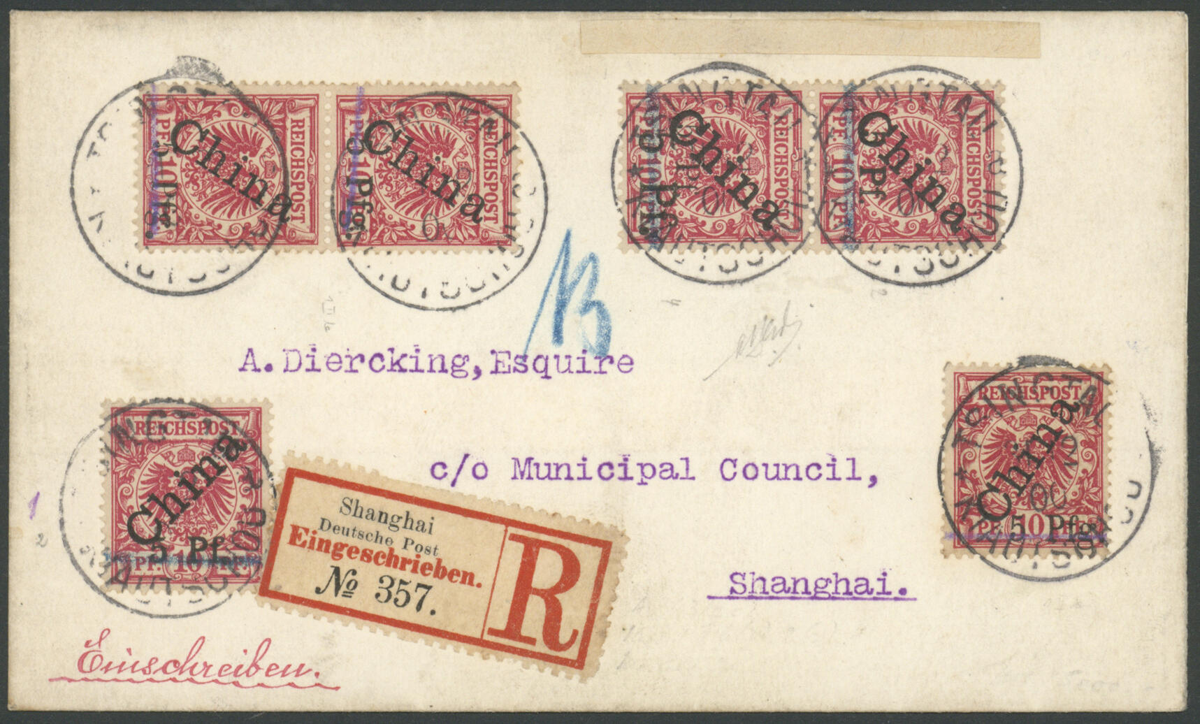 5 Pf auf 10 Pfennig Krone/Adler mit diagonalem Bdr.-Aufdruck "China", ...