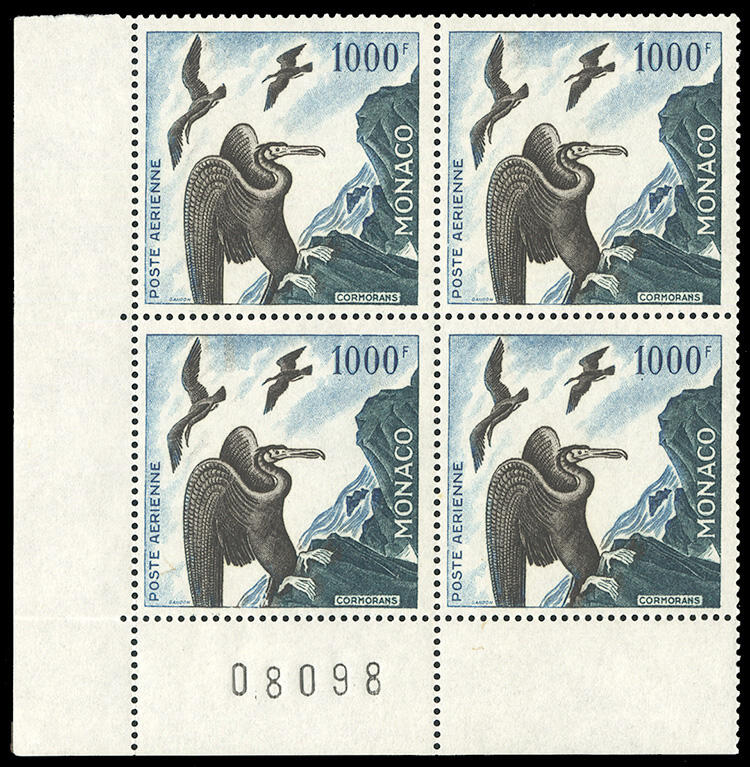 MONACO Air Post (C41-44) 1955 Birds, set of four "Coin Date" blocks ...