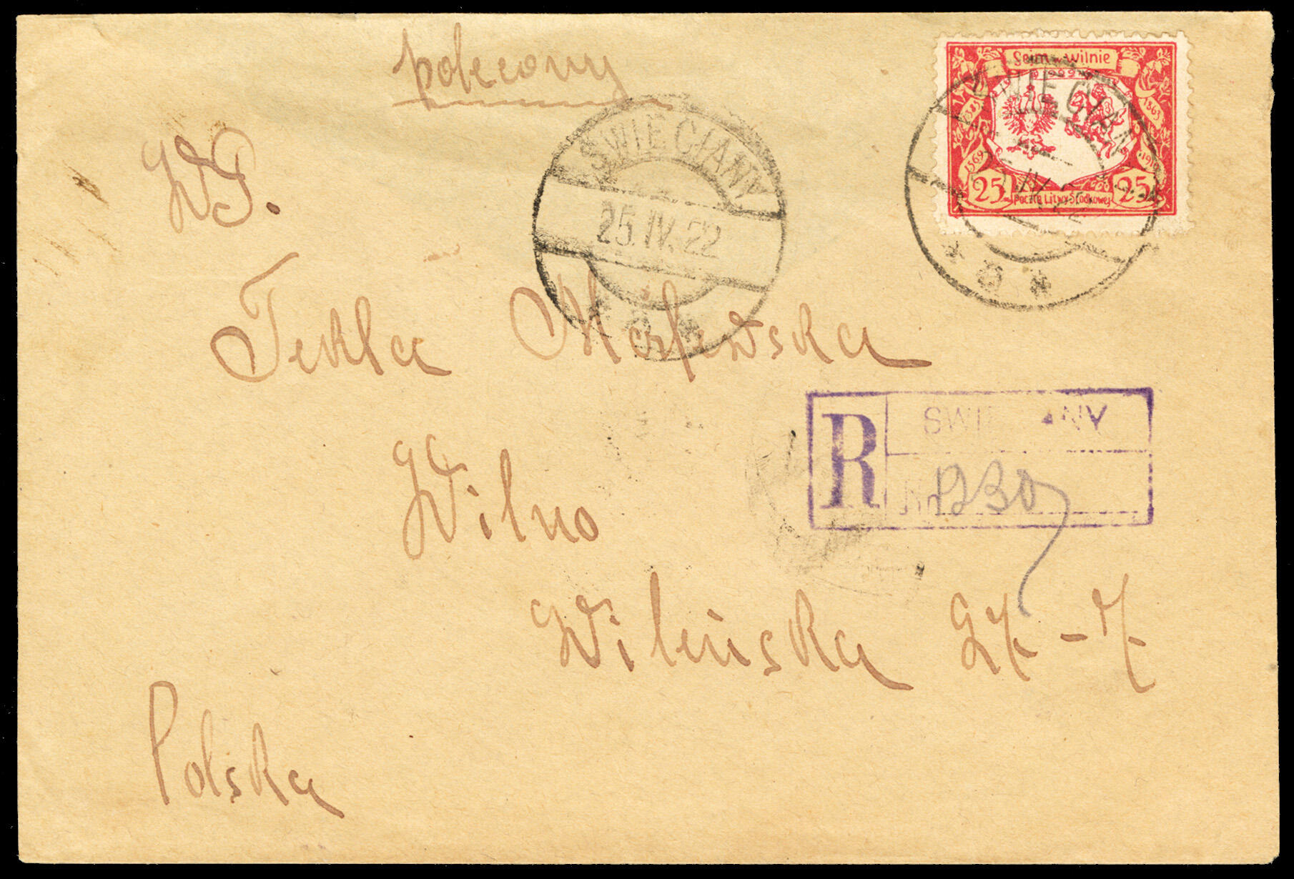 1922 (25 Apr) Registered cover (backflap missing) from Swieciany to ...