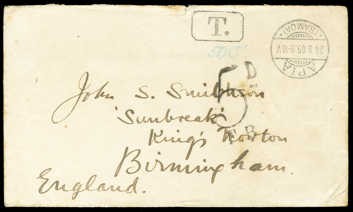 1909 (24 Aug) stampless cover endorsed "50c" in blue crayon, with ...