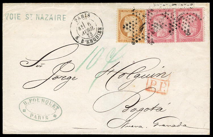 COLOMBIA 1873 (6 Apr) FL incoming from Paris to Bogota, paying 2.00fr ...