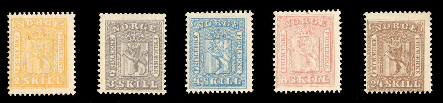 NORWAY (6-10) 1863 Coat of Arms, 2s yellow, 3s gray lilac, 4s blue, ...