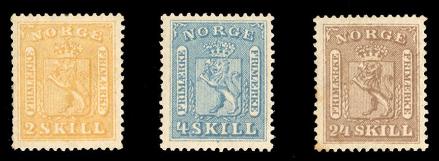 NORWAY (6,8,10) 1863 Coat of Arms, 2s yellow, 4s blue and 24s brown, ...